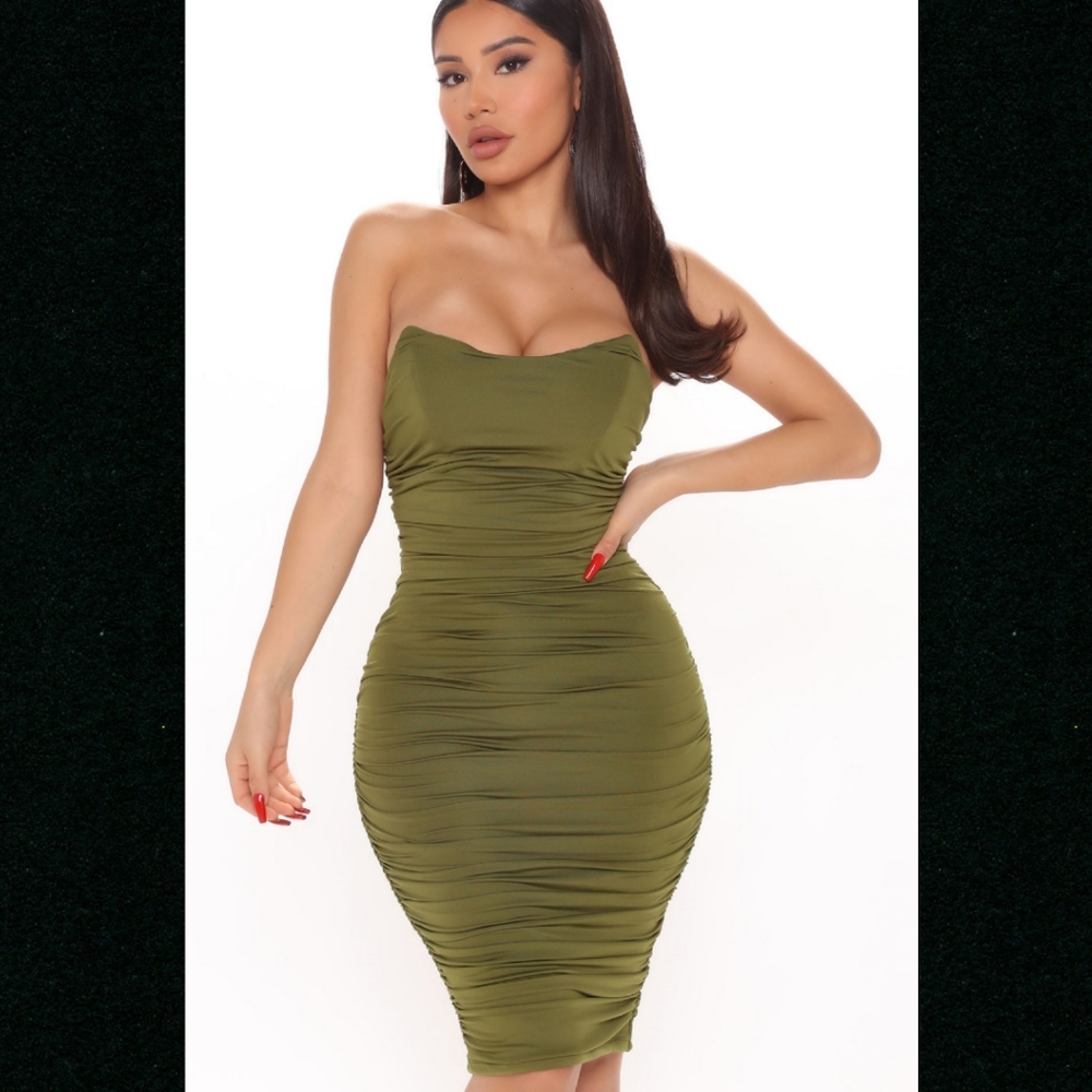 Fashion Nova Night Thing Olive Ruched Midi Dress Plus Size 1X